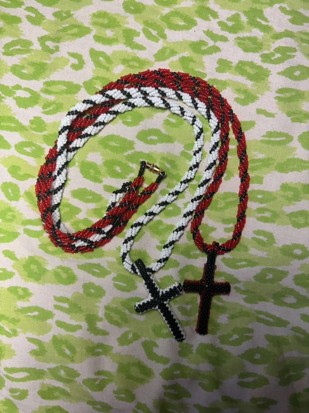 Beaded Cross Necklace Set - Red, Black & White
